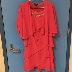 SLNY tiered coral pink dress with beaded collar  & sheer cropped bolero jacket